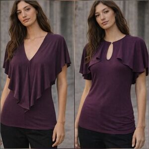 Karen Millen New Aubergine Frill Reversible Purple Ruffle Jersey Top US SZ 6